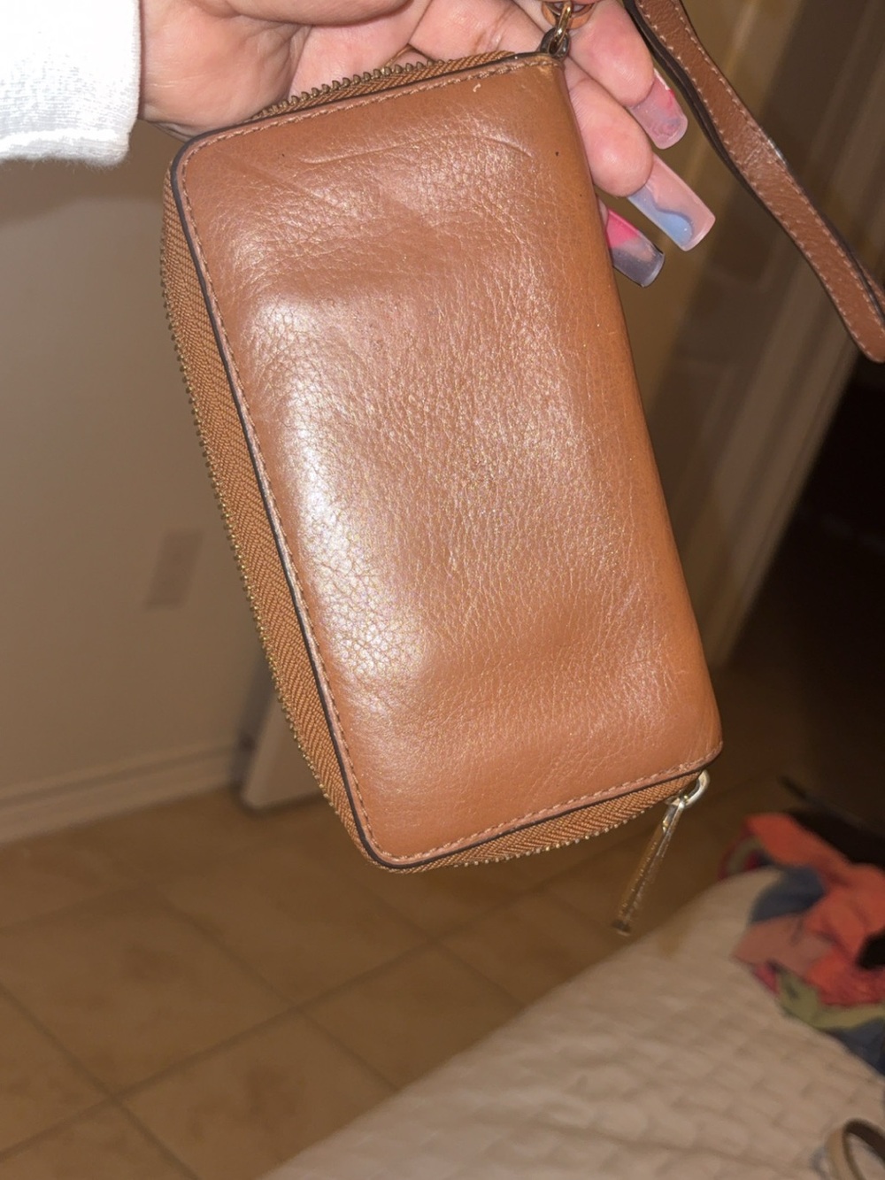 Brown Leather Zip Wristlet Wallet